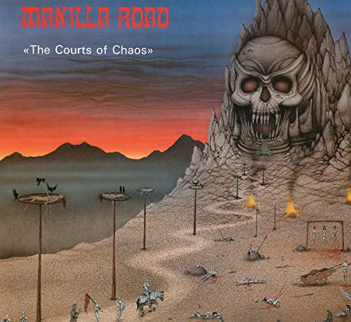 Album cover for Manilla Road’s “The Courts of Chaos” featuring a skull-shaped mountain.