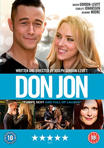 DVD cover for Don Jon with a man and woman and four scene images.