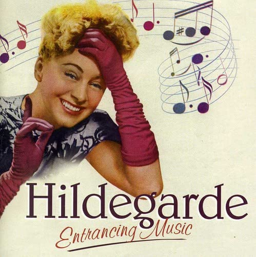 Vintage portrait of Hildegarde wearing long pink gloves, with musical notes on the background.