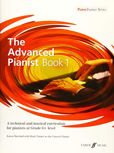 Piano music book cover with swirling orange design and a hand.