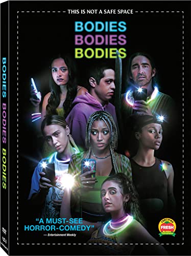 DVD cover for horror film "Bodies Bodies Bodies" featuring a group of young adults.