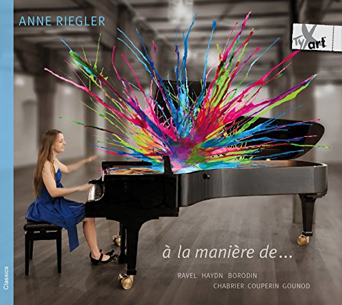 Pianist Anne Riegler at a grand piano with colorful paint explosion.
