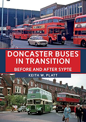 Vintage Doncaster buses in red and green, book cover titled "Doncaster Buses".