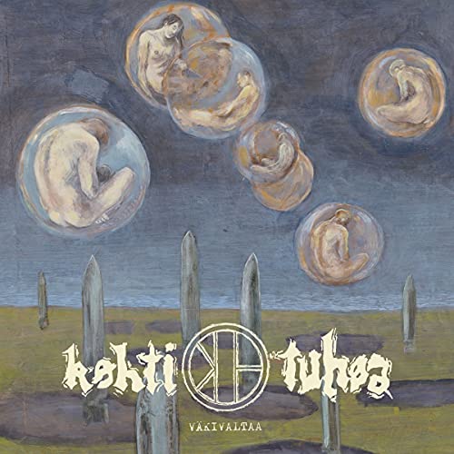 Painted album cover with figures in bubbles above a dark, spiky landscape.