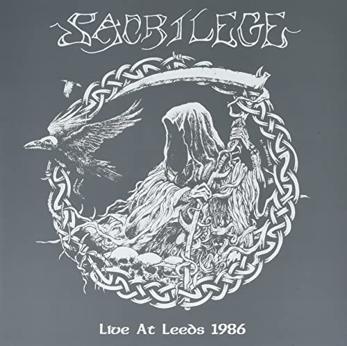 Black and white album cover for Sacrilege, featuring a hooded figure and ravens.