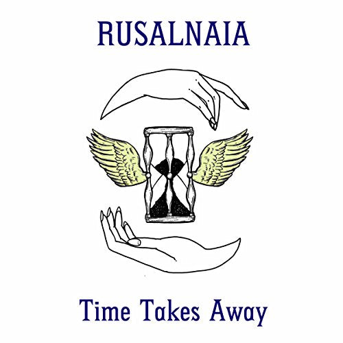 Hands cradling an hourglass with wings, title "Time Takes Away".