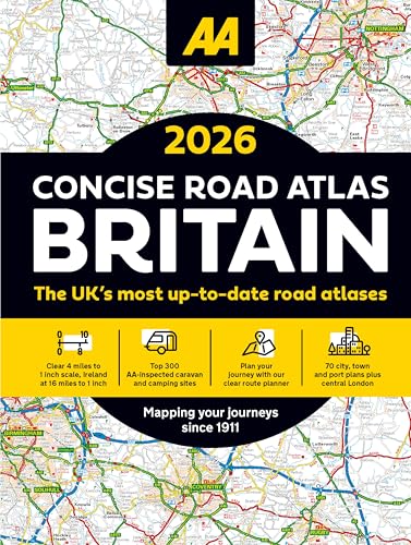Cover of the 2026 AA Concise Road Atlas Britain with map background and text.