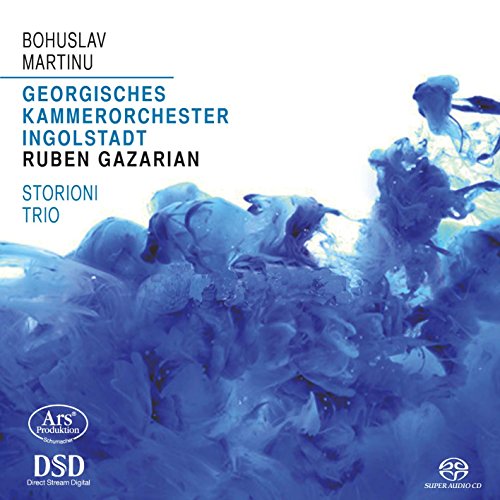 CD cover with abstract blue ink-like shapes and composer/performer names.