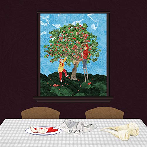 Collage of people picking red fruit from a tree, viewed through a window.