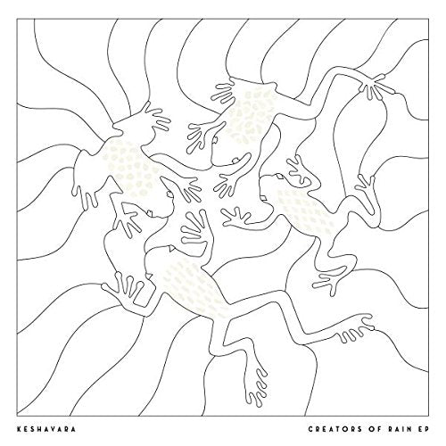 Line art album cover featuring stylized frogs and rain patterns.