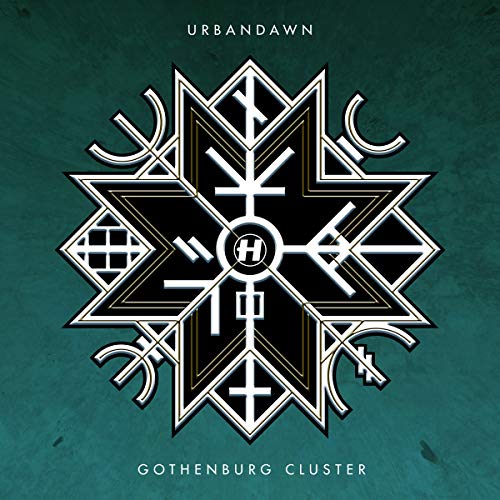 Vinyl record cover with a white, geometric, Norse-inspired design on teal.