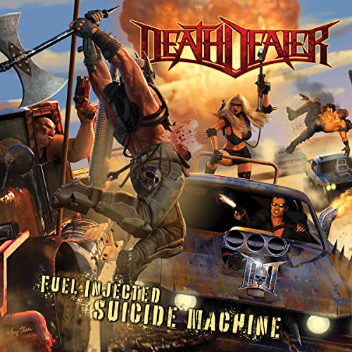 Post-apocalyptic album cover with figures, vehicles, and explosions.