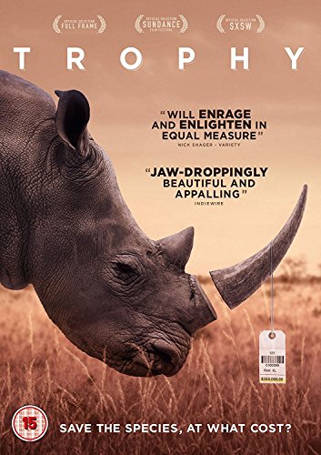 DVD cover for "Trophy" (2017) featuring a rhino with a price tag.