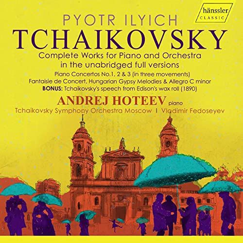 Yellow CD cover for Tchaikovsky piano and orchestra works, featuring a cathedral.