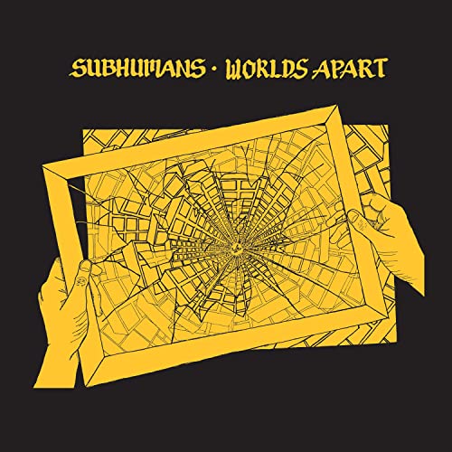 Yellow hands holding a cracked, framed cityscape on a black background.