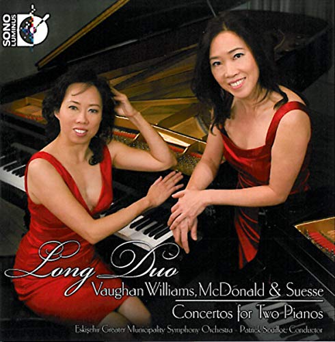Two women at grand pianos, CD cover for "Long Duo" concertos.