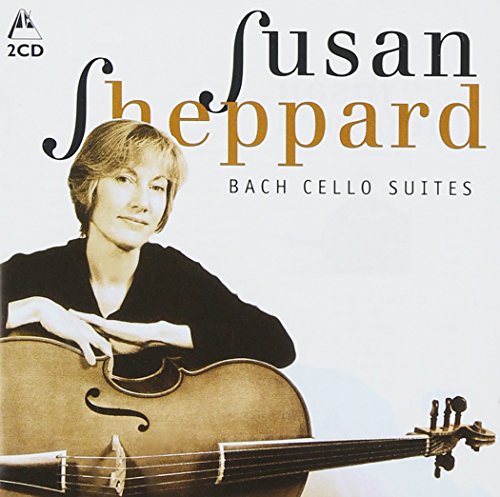 Susan Sheppard with a cello, album cover for Bach Cello Suites.
