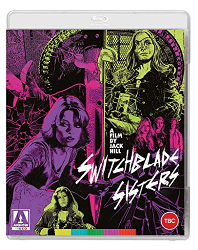 Blu-ray cover art for Switchblade Sisters featuring stylized illustrations of women in neon colors.