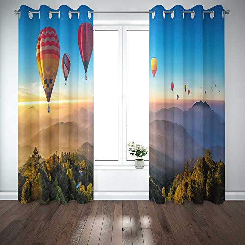 Two curtain panels depicting hot air balloons over mountains and trees.