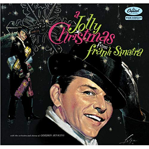 Frank Sinatra’s “A Jolly Christmas” vinyl album cover with festive illustration.