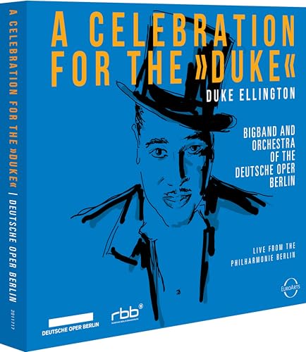 CD cover: Duke Ellington portrait in black and white on blue background.