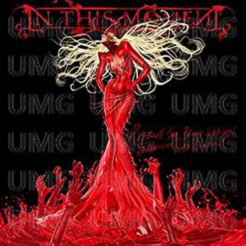 A woman in a red dress stands amidst reaching hands against a black background.
