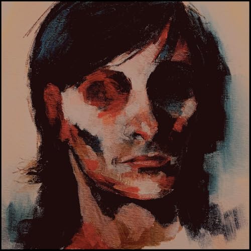 Abstract portrait of a person with red and black brushstrokes.