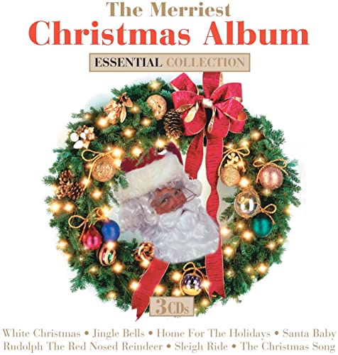 CD cover for “The Merriest Christmas Album” featuring Santa in a wreath.