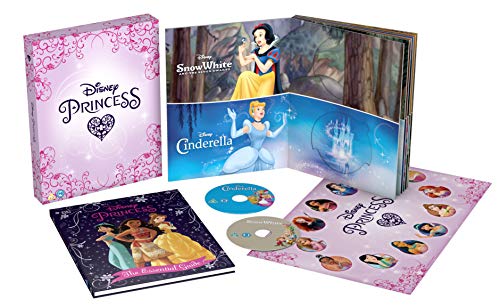 Disney Princess Blu-ray box set with films, book, and discs shown.