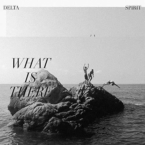 Album cover: black and white image of people diving from rocks into water.