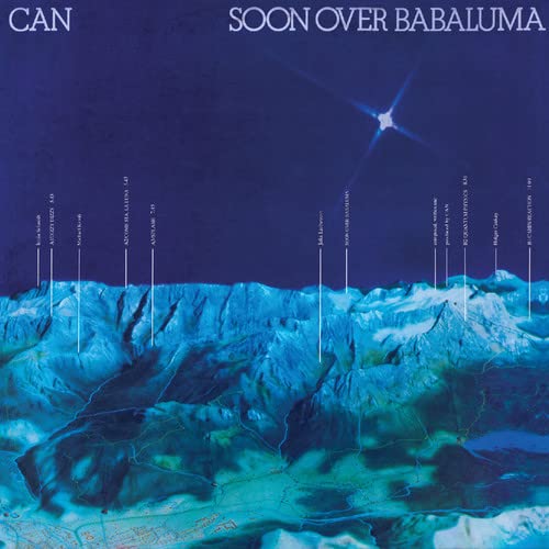 Album cover for Can’s “Soon Over Babaluma” featuring a blue, mountainous landscape.