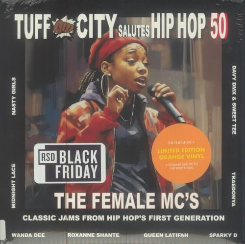 Vinyl album cover featuring a female rapper with microphone, “50 Years of Hip Hop.”