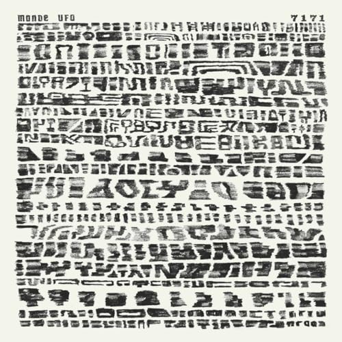Black and white abstract album cover with dense, layered lines and text.