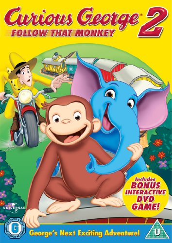 Curious George 2 DVD cover featuring George, an elephant, and a man on a motorcycle.
