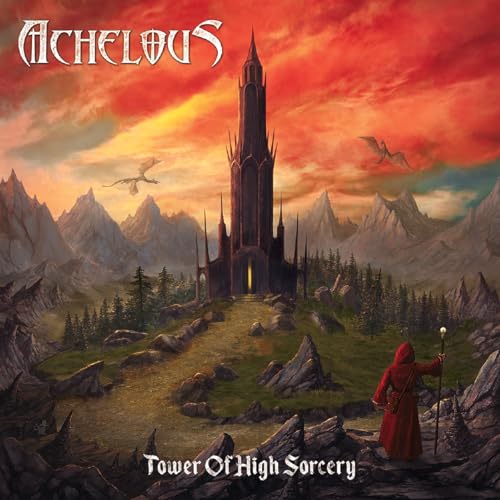 Album cover: dark tower, mountains, figure in red, and flying creatures.