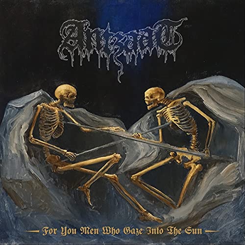Painted album cover featuring two skeletons facing each other.