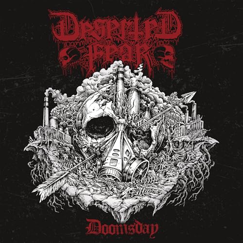 CD cover: Skull with gas mask amidst industrial ruins, black and white.