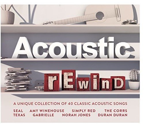 CD cover for “Acoustic Rewind” with guitar and stacked books.