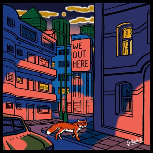 Stylized illustration of a city street with a fox, album artwork.