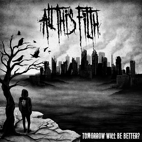 Black and white album cover with cityscape, tree, and two figures overlooking water.