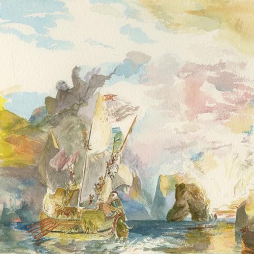 Watercolor painting of a ship sailing near rocky cliffs and a figure on land.