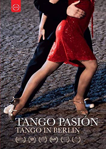 Couple dancing tango, woman in red dress, DVD cover art.