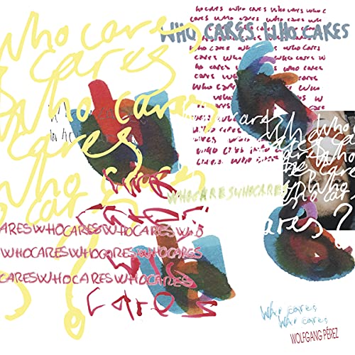 Vinyl record cover with abstract, colorful text and portrait illustration.