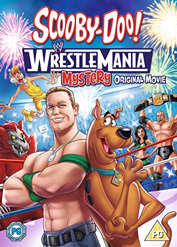Scooby-Doo, wrestlers, and a monster on the DVD cover for Wrestlemania Mystery.