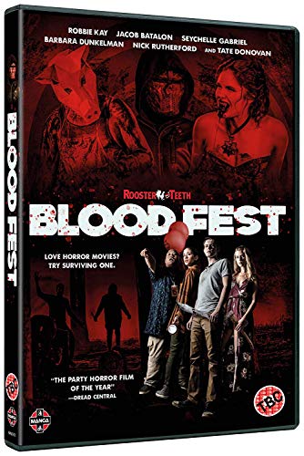 Blood Fest" DVD cover featuring horror imagery and a group of young people.