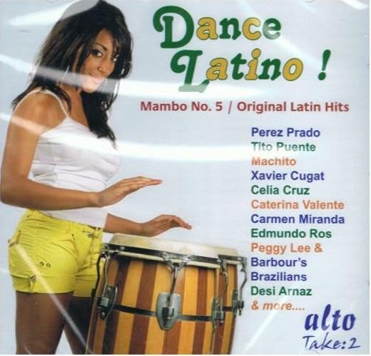 CD cover featuring a woman with a conga drum, “Dance Latino!” text.