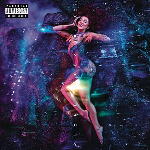 Doja Cat posing against a dark, cosmic, purple and blue nebula background.