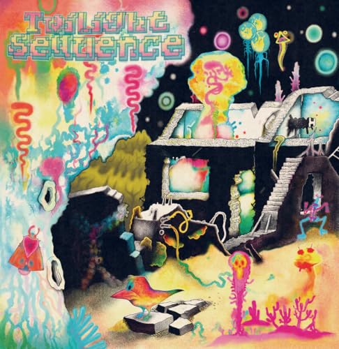 Psychedelic album cover with a house, colorful flora, and strange creatures.