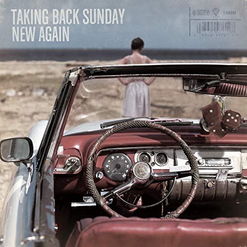 Vintage car interior with woman in distance on beach, album cover for New Again.