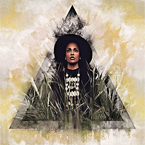 Woman in a hat centered within a textured, golden triangular design.